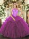 Fantastic Fuchsia Organza Lace Up Quinceanera Gowns Sleeveless Floor Length Beading and Ruffles