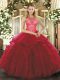 Popular Wine Red Sleeveless Organza Lace Up Quince Ball Gowns for Military Ball and Sweet 16 and Quinceanera