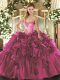 Fuchsia Ball Gowns Sweetheart Sleeveless Organza Floor Length Lace Up Beading and Ruffles Quince Ball Gowns