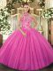 Superior Halter Top Sleeveless Lace Up Sweet 16 Quinceanera Dress Hot Pink Tulle
