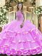 Suitable Sleeveless Floor Length Beading and Ruffled Layers Lace Up Ball Gown Prom Dress with Lilac