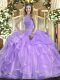 Flirting Lavender High-neck Neckline Beading and Ruffles Ball Gown Prom Dress Sleeveless Lace Up
