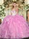 Rose Pink Ball Gowns Sweetheart Sleeveless Organza Floor Length Lace Up Beading and Ruffles Quinceanera Gown
