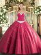 Luxury Hot Pink Ball Gowns Appliques Ball Gown Prom Dress Lace Up Tulle Sleeveless Floor Length
