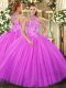 Fuchsia Lace Up Halter Top Beading and Embroidery Sweet 16 Dress Tulle Sleeveless