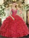 Exceptional Wine Red Ball Gown Prom Dress Military Ball and Sweet 16 and Quinceanera with Beading and Ruffles V-neck Sleeveless Lace Up