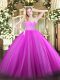 Traditional Fuchsia Tulle Zipper Sweetheart Sleeveless Floor Length Quinceanera Gown Beading and Lace