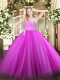 Traditional Fuchsia Tulle Zipper Sweetheart Sleeveless Floor Length Quinceanera Gown Beading and Lace