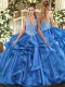 Luxury Blue Organza Lace Up Quinceanera Dresses Sleeveless Floor Length Beading and Ruffles