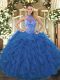 Glamorous Floor Length Blue Vestidos de Quinceanera Organza Sleeveless Beading and Embroidery and Ruffles