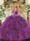 Designer Eggplant Purple Ball Gowns Beading and Ruffles Ball Gown Prom Dress Lace Up Organza Sleeveless Floor Length
