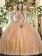 Peach Sleeveless Floor Length Beading and Appliques Lace Up Sweet 16 Dresses
