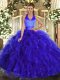 Royal Blue Sweet 16 Dress Military Ball and Sweet 16 and Quinceanera with Ruffles Halter Top Sleeveless Lace Up