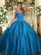 Great Sleeveless Floor Length Ruching Lace Up Quinceanera Gown with Blue