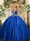 Royal Blue Satin Lace Up Straps Sleeveless Floor Length Quinceanera Gowns Beading
