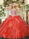 Sweetheart Sleeveless Sweet 16 Dresses Floor Length Beading and Ruffles Coral Red Tulle