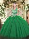 Dark Green Ball Gowns Beading and Sequins 15 Quinceanera Dress Lace Up Tulle Sleeveless Floor Length