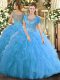 Perfect Aqua Blue Tulle Clasp Handle Scoop Sleeveless Floor Length Sweet 16 Dress Beading and Ruffled Layers