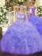 Scoop Sleeveless Ball Gown Prom Dress Floor Length Beading and Ruffles and Pick Ups Lavender Organza