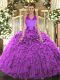 Floor Length Fuchsia Quinceanera Gowns Organza Sleeveless Ruffles