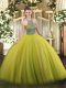 Hot Selling Olive Green Ball Gowns Tulle Halter Top Sleeveless Beading Floor Length Lace Up Sweet 16 Quinceanera Dress