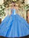 Top Selling Floor Length Lace Up Sweet 16 Quinceanera Dress Baby Blue for Military Ball and Sweet 16 and Quinceanera with Beading and Ruffles