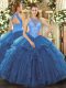 Blue High-neck Lace Up Beading and Ruffles Vestidos de Quinceanera Sleeveless