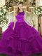 Purple Tulle Lace Up Scoop Sleeveless Floor Length Sweet 16 Dresses Ruffles