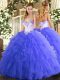 Pretty Blue Sweetheart Lace Up Beading and Ruffles 15th Birthday Dress Sleeveless