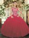 Glamorous Floor Length Wine Red 15th Birthday Dress Scoop Cap Sleeves Lace Up