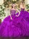 Purple Ball Gowns Strapless Sleeveless Organza Floor Length Lace Up Beading and Ruffles Sweet 16 Dresses