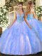 Cute Floor Length Lace Up Ball Gown Prom Dress Light Blue for Military Ball and Sweet 16 and Quinceanera with Beading and Ruffles