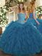 Ball Gowns Vestidos de Quinceanera Teal Sweetheart Tulle Sleeveless Floor Length Lace Up