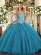 Fabulous Teal Sleeveless Floor Length Beading Lace Up Quince Ball Gowns