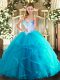 Latest Aqua Blue Tulle Lace Up Ball Gown Prom Dress Sleeveless Floor Length Beading and Ruffles