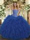 Royal Blue Tulle Lace Up Sweetheart Sleeveless Floor Length Quinceanera Gowns Beading and Ruffles