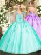 Custom Made Floor Length Lace Up 15th Birthday Dress Turquoise for Military Ball and Sweet 16 and Quinceanera with Beading