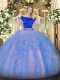 Blue And White Short Sleeves Tulle Zipper Quinceanera Gown for Military Ball and Sweet 16 and Quinceanera