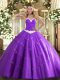 Floor Length Lace Up Quince Ball Gowns Lavender for Military Ball and Sweet 16 and Quinceanera with Appliques