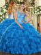Wonderful Ball Gowns Quinceanera Gown Baby Blue Scoop Organza Sleeveless Floor Length Lace Up