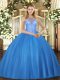 Luxury High-neck Sleeveless 15th Birthday Dress Floor Length Beading Baby Blue Tulle