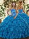 New Style Baby Blue Sleeveless Floor Length Beading and Ruffles Lace Up Vestidos de Quinceanera