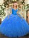 Classical Blue Long Sleeves Organza Lace Up Ball Gown Prom Dress for Military Ball and Sweet 16 and Quinceanera
