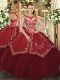 Wine Red Cap Sleeves Beading and Appliques and Embroidery Floor Length Sweet 16 Dresses