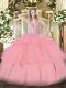 Sweet Beading and Ruffled Layers Sweet 16 Dresses Baby Pink Lace Up Sleeveless Floor Length