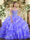 Sweetheart Sleeveless Ball Gown Prom Dress Floor Length Embroidery and Ruffled Layers Lavender Organza