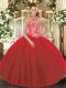 Fancy Halter Top Sleeveless Quinceanera Dresses Floor Length Embroidery Red Tulle