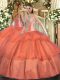 Sleeveless Floor Length Beading and Ruffled Layers Lace Up Quinceanera Gowns with Coral Red