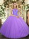 Dazzling Lavender Ball Gowns High-neck Sleeveless Tulle Floor Length Lace Up Beading Sweet 16 Dress