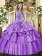 Custom Fit Sleeveless Organza and Taffeta Floor Length Lace Up 15 Quinceanera Dress in Lavender with Beading and Ruffled Layers